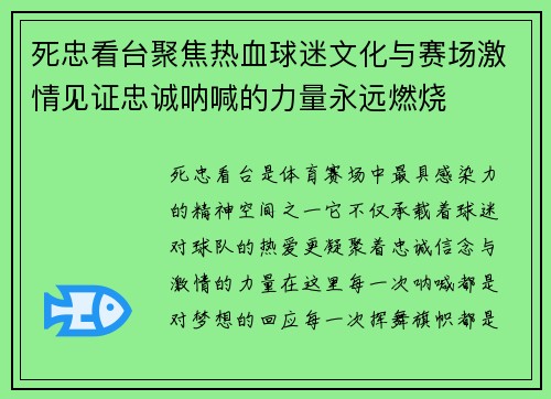 死忠看台聚焦热血球迷文化与赛场激情见证忠诚呐喊的力量永远燃烧 死忠看台聚焦热血球迷文化与赛场激情见证忠诚呐喊的力量永远燃烧