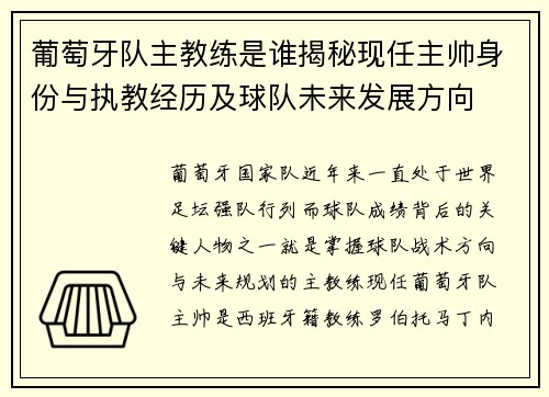 葡萄牙队主教练是谁揭秘现任主帅身份与执教经历及球队未来发展方向 葡萄牙队主教练是谁揭秘现任主帅身份与执教经历及球队未来发展方向